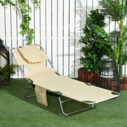 Outsunny Sun Lounger With Reading Hole, Folding Garden Lounger, Beige - thumbnail 1