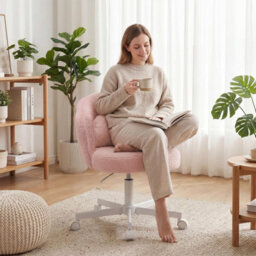 Gtplayer Office Desk Chair Makeup Vanity Chair Swivel Armless Height Adjustable Bedroom Dressing Table Chairs, Teddy, Pink - thumbnail 2