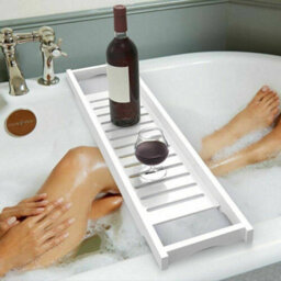 Bamboo Wood Bath Tub Rack Bathroom Shelf Tidy Tray Storage Caddy Organiser (White)