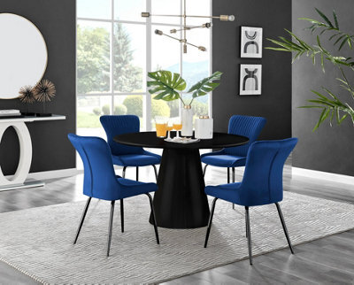 Furniturebox Uk Palma Black Semi-Gloss Round Pedestal Dining Table & 4 Blue Velvet Nora Black Leg Chairs