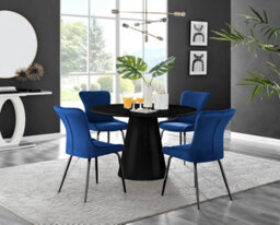 Furniturebox Uk Palma Black Semi-Gloss Round Pedestal Dining Table & 4 Blue Velvet Nora Black Leg Chairs - thumbnail 1