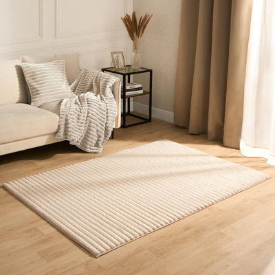 OHS Faux Fur Rug Living Room Ribbed Large Mat Carpet, Natural - 120 X 170Cm - image 1