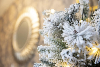 Shatchi Pre Lit Potted Snow Flocked Christmas Tree With Pine Cones And Red Berries Snowy Tips 80-100 Warm White Led Lights - image 1