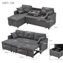 Btm L Shaped Pull Out Sofa Bed Reversible Sectional With Storage Chaise Table Cup Holders And Usb Ports Grey - thumbnail 9