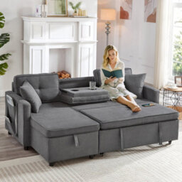 Btm L Shaped Pull Out Sofa Bed Reversible Sectional With Storage Chaise Table Cup Holders And Usb Ports Grey - thumbnail 8