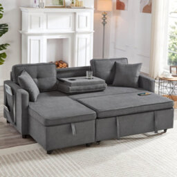 Btm L Shaped Pull Out Sofa Bed Reversible Sectional With Storage Chaise Table Cup Holders And Usb Ports Grey - thumbnail 1