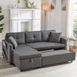 Btm L Shaped Pull Out Sofa Bed Reversible Sectional With Storage Chaise Table Cup Holders And Usb Ports Grey - thumbnail 2
