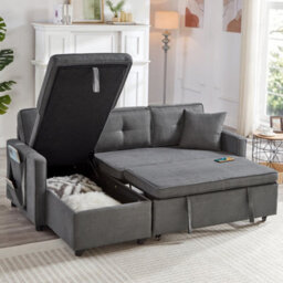 Btm L Shaped Pull Out Sofa Bed Reversible Sectional With Storage Chaise Table Cup Holders And Usb Ports Grey - thumbnail 5