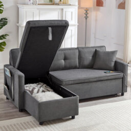 Btm L Shaped Pull Out Sofa Bed Reversible Sectional With Storage Chaise Table Cup Holders And Usb Ports Grey - thumbnail 3