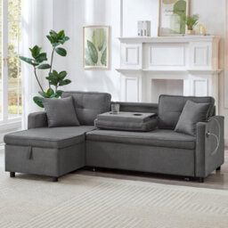Btm L Shaped Pull Out Sofa Bed Reversible Sectional With Storage Chaise Table Cup Holders And Usb Ports Grey - thumbnail 4