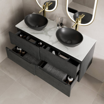 Aveli 1200mm White Marble Fluted Vanity Unit Double Oval Basin Wall Hung Soft Close - image 1