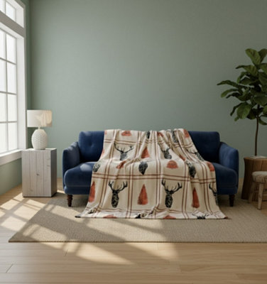 Stag Print Christmas Throw Blanket Cozy Festive Holiday Decor Gift Cream 150X200Cm - image 1