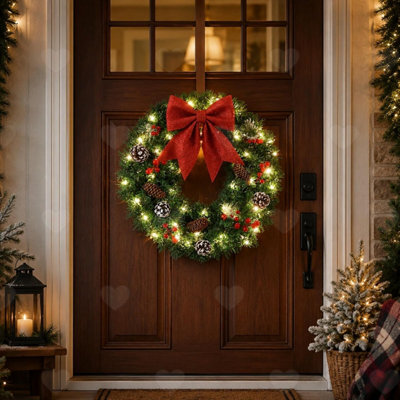 Amorly Battery Powered Pre Lit Christmas Wreath 40Cm, Decorated With Red Bow, Berries Pine Cones, Led Xmas Wreath For Front Door - image 1
