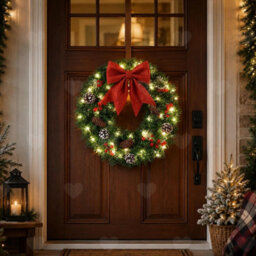 Amorly Battery Powered Pre Lit Christmas Wreath 40Cm, Decorated With Red Bow, Berries Pine Cones, Led Xmas Wreath For Front Door - thumbnail 1