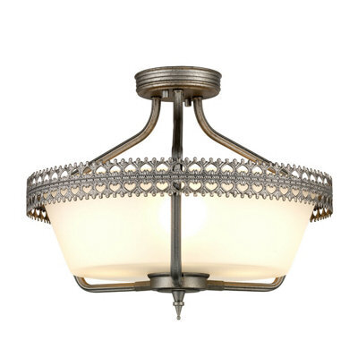 Stylish 3 Bulb Semi Flush Light With Grey Hand Painted Finish And White Glass Shade