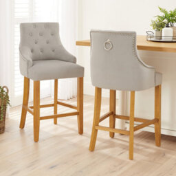 The Furniture Market Luxury Light Grey Velvet Scoop Back Kitchen Counter Bar Stool Quilted Button Back Stud Detailing Solid Wood Frame - thumbnail 3