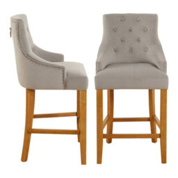 The Furniture Market Luxury Light Grey Velvet Scoop Back Kitchen Counter Bar Stool Quilted Button Back Stud Detailing Solid Wood Frame - thumbnail 5