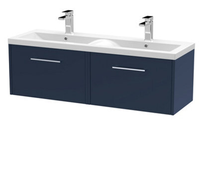 Hudson Reed Juno Wall Hung 2 Drawer Vanity Unit With Double Vitreous China 1 Tap Hole Basin, Blue, 1205 X 385 mm - image 1