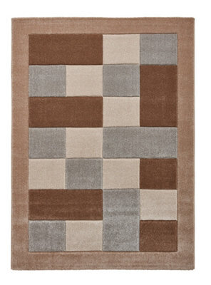 Beige Grey Chequered Rug, 10mm Thick Geometric Bordered Rug, Stain-Resistant Modern Rug For Dining Room-120Cm X 170Cm - image 1