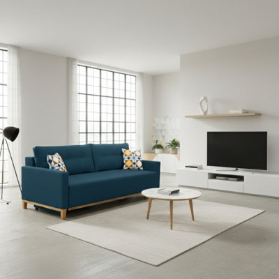 Ariel Sofa Bed 3 Seater Fabric Upholstered Living Room Couch With Sleeping Function And Storage Blue With Printed Cushions - image 1