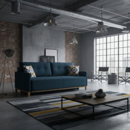 Ariel Sofa Bed 3 Seater Fabric Upholstered Living Room Couch With Sleeping Function And Storage Blue With Printed Cushions - thumbnail 2