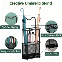 Metal Umbrella Stand With Drip Tray & Hooks - thumbnail 3