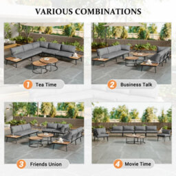 Lux Garden Corner Sofa Furniture Set With 2 Wooden Top Coffee Table Outdoor Garden Dining Set With Iron Frame Grey - thumbnail 2