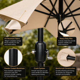 Billtix 2.7M Beige Garden Parasol Umbrella With Tilt Crank, Uv Resistant Outdoor Patio Sun Shade Canopy - thumbnail 8
