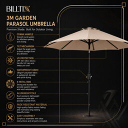 Billtix 2.7M Beige Garden Parasol Umbrella With Tilt Crank, Uv Resistant Outdoor Patio Sun Shade Canopy - thumbnail 3