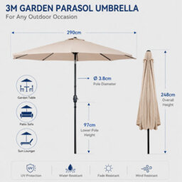 Billtix 2.7M Beige Garden Parasol Umbrella With Tilt Crank, Uv Resistant Outdoor Patio Sun Shade Canopy - thumbnail 2
