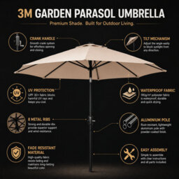 Billtix 2.7M Beige Garden Parasol Umbrella With Tilt Crank, Uv Resistant Outdoor Patio Sun Shade Canopy - thumbnail 7
