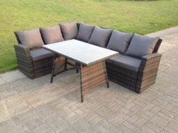 Fimous High Back Grey Mixed Outdoor Garden Furniture Rattan Corner Sofa Dining Set Table 6 Seater - thumbnail 2