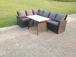 Fimous High Back Grey Mixed Outdoor Garden Furniture Rattan Corner Sofa Dining Set Table 6 Seater - thumbnail 3