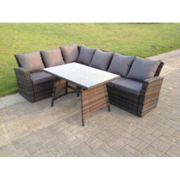Fimous High Back Grey Mixed Outdoor Garden Furniture Rattan Corner Sofa Dining Set Table 6 Seater - thumbnail 1