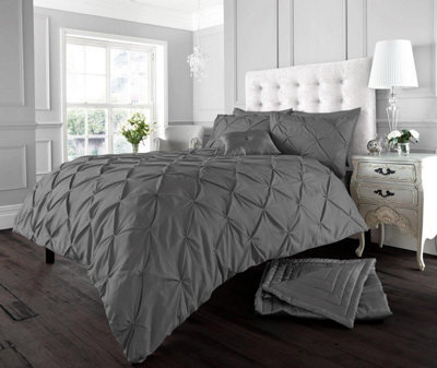 Smart Living Pintuck Duvet Cover With Pillowcases Polycotton Quilt Bedding Covers Pinch Pleated Comforter Cover Set - Charcoal - image 1