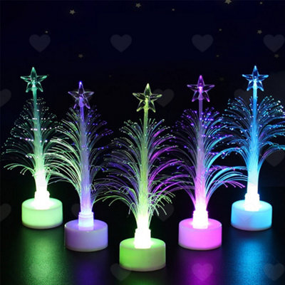Amorly 5Pcs 15Cm Mini Led Fibre Optic Christmas Trees, White Plastic Colour Changing Night Lights, Battery Powered Decorative Lamps - image 1