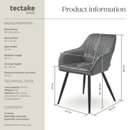 Tectake Set Of 2 Chair Marilyn - Velvet Look, Quilted, Continuous Backrest, Slim Steel Legs  - Grey/black - thumbnail 6
