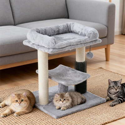Living And Home Light Grey Cat Tree Tower With Scratching Post And Bed, 40Cm W X 40Cm D X 49Cm H - image 1