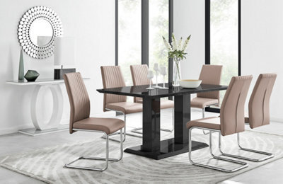 Furniturebox Imperia Black High Gloss 6 Seater Dining Table With Structural 2 Plinth Column Legs 6 Beige Faux Leather Lorenzo Cantilever Chairs - image 1