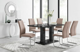 Furniturebox Imperia Black High Gloss 6 Seater Dining Table With Structural 2 Plinth Column Legs 6 Beige Faux Leather Lorenzo Cantilever Chairs
