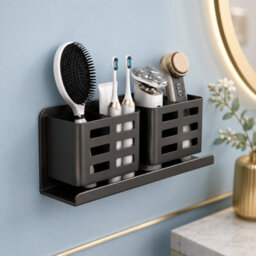 Bathroom Shelf, Punch Free Double Tier Storage Organizer, Black - thumbnail 1