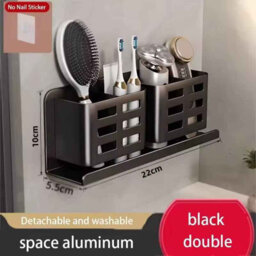 Bathroom Shelf, Punch Free Double Tier Storage Organizer, Black - thumbnail 3