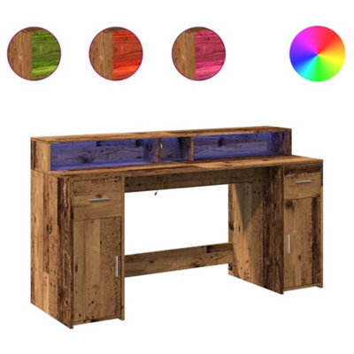 Berkfield Durable Desk With Led Lights Old Wood 160X55X91 Cm Engineered Wood
