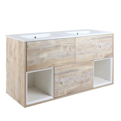 Homestylestore Light Oak 1212mm Wall Hung Bathroom Vanity Unit Led Lit Open Shelf And Chalk Basin - image 1