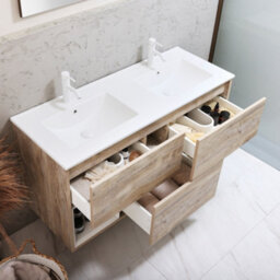 Homestylestore Light Oak 1212mm Wall Hung Bathroom Vanity Unit Led Lit Open Shelf And Chalk Basin - thumbnail 2