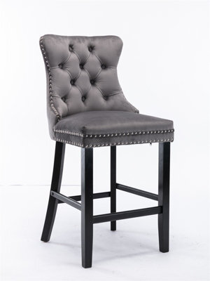 HomeTouch Grey Velvet Breakfast Bar Stool With Backs & Wooden Legs - image 1
