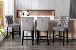 HomeTouch Grey Velvet Breakfast Bar Stool With Backs & Wooden Legs - thumbnail 8