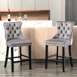 HomeTouch Grey Velvet Breakfast Bar Stool With Backs & Wooden Legs - thumbnail 7