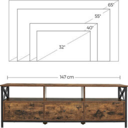 Songmics Vasagle Tv Stand Cabinet For Up To 65 Inch Tv, Tv Unit With 3 Drawers And Storage Shelves, 147 X 40 X 50 Cm, Farmhouse Industrial - thumbnail 9