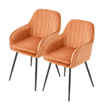 Thehotsale Set Of 2 Orange Velvet Dining Chairs With Armrests And Black Iron Legs - image 1
